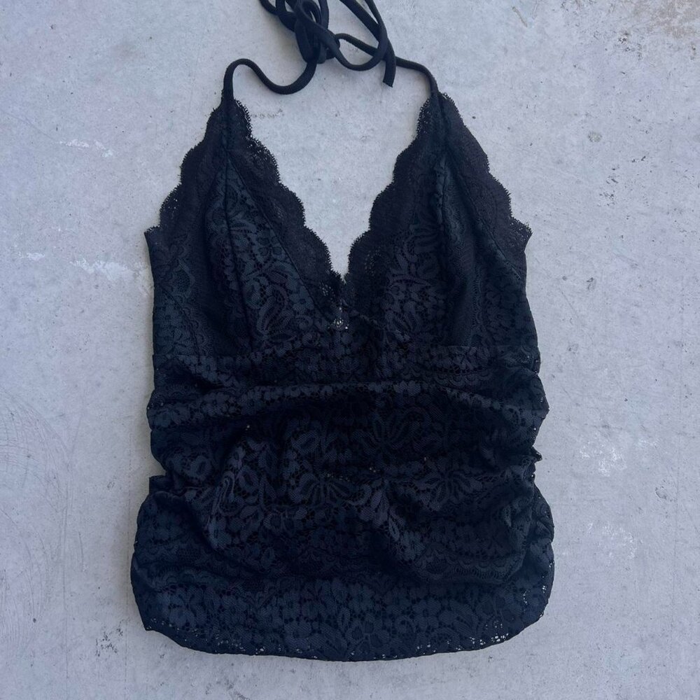 Black lace ruched halter top